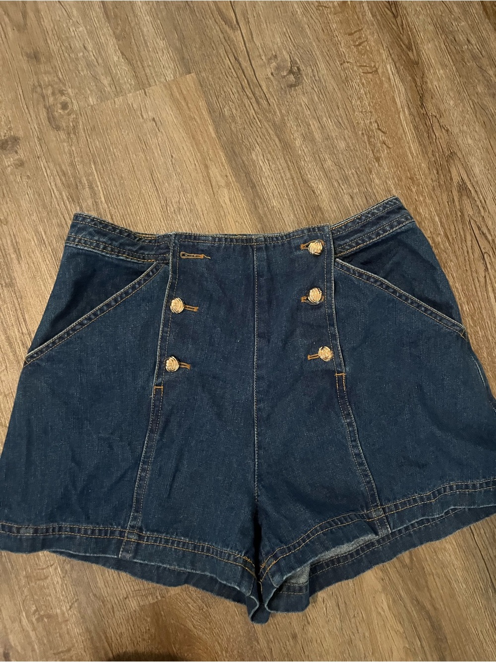 Top left button is MISSING Vici Dark Blue High-Waist Button Sailor Denim Shorts